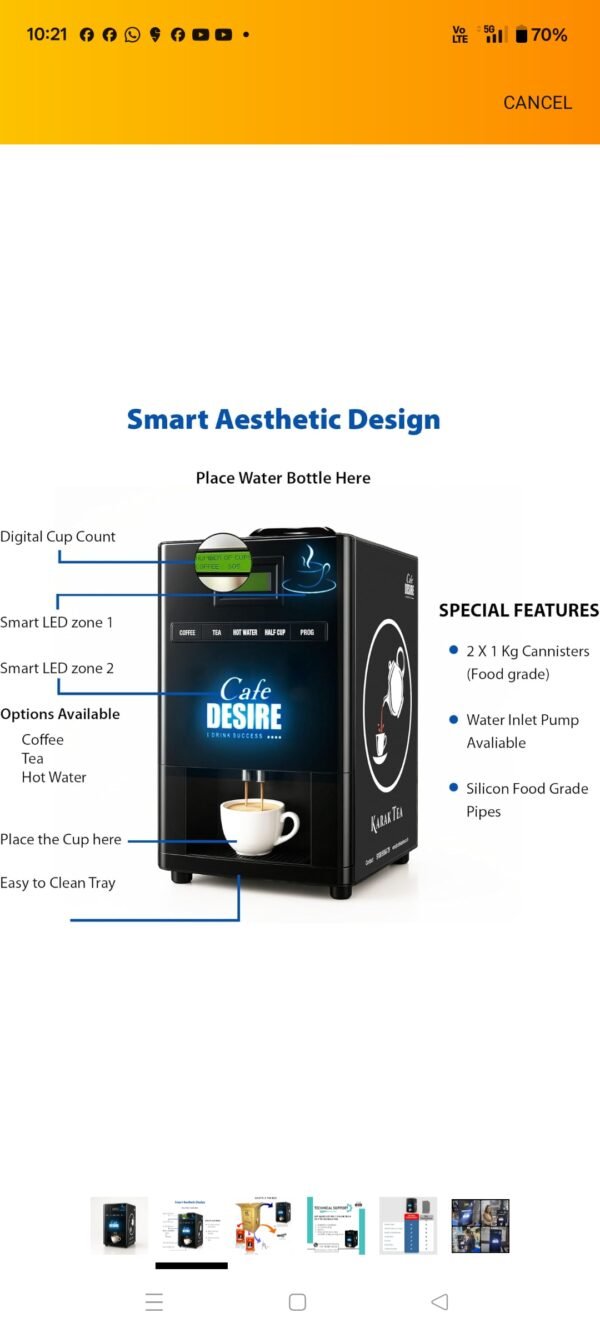 Cafe DESIRE I DRINK SUCCESS Tea & Coffee Coffee Vending Machine 2 Lane | Fully Automatic (LED) - Image 3