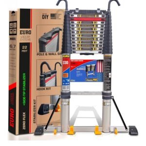 Euro 6.7 Meter or 22 ft Telescopic Ladder Storage at 3.8 ft with stabilizer - Side Support Bars - Hook kit - Rubber Clamp - Wheel kit 14%