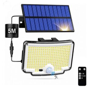 XERGY Solar Motion Sensor Outdoor Security Wall Flood Light With Remote & Separate Panel | 310 LED | Auto On/Off Dusk to Dawn | 3 Modes | Waterproof | 5-Meter Cable for Home, Garden, Parking, Gate